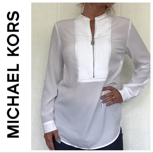MICHAEL KORS WHITE TUXEDO BIB BLOUSE MEDIUM - Picture 4 of 16